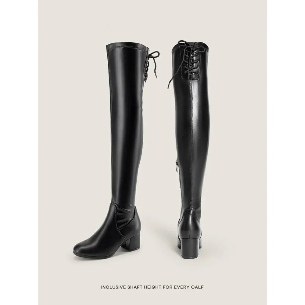 Women Black/Pu Faux Leather Over The Knee Chunky Heel Long Stretch Boots